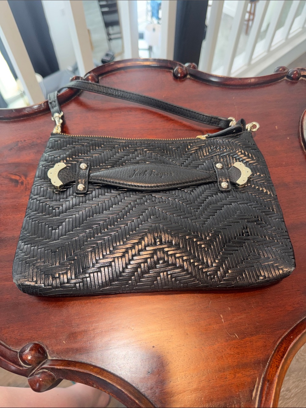 Jack Rogers Black Woven Leather Crossbody with Gold Accents